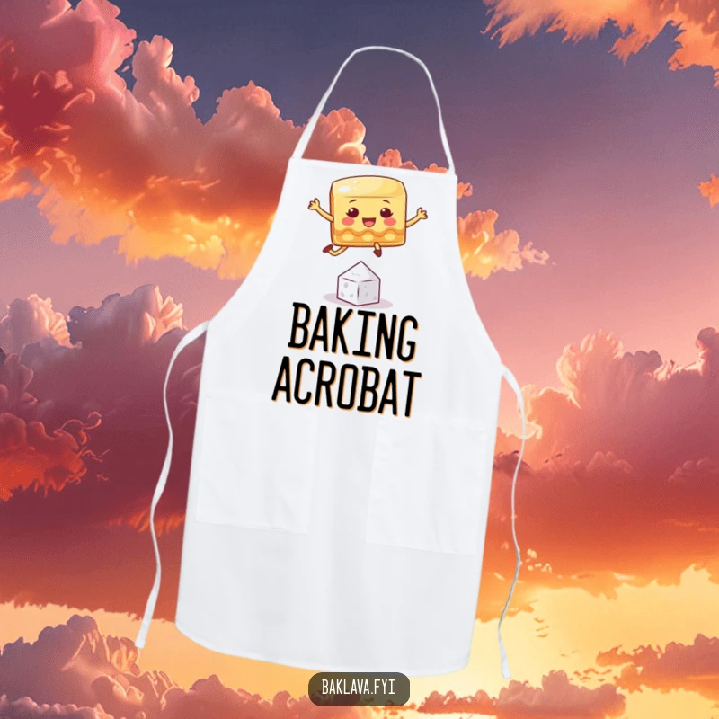 Funny baklava apron with a playful square character jumping over a sugar crystal, for humorous baking adventures.