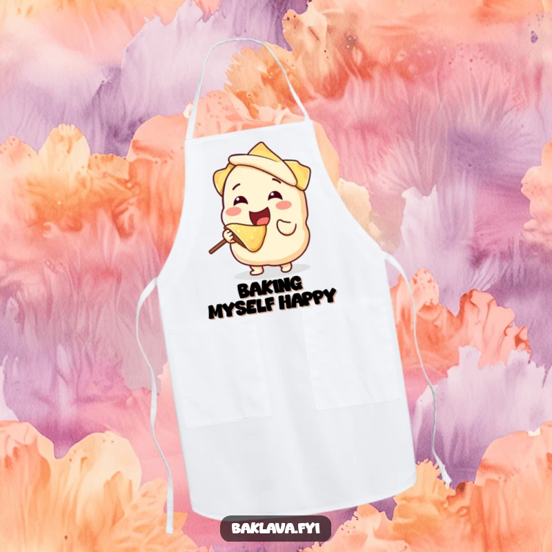 Funny, joyful phyllo dough character happily taking a bite from itself, on a functional kitchen apron, creating a humorous and unique cooking accessory.