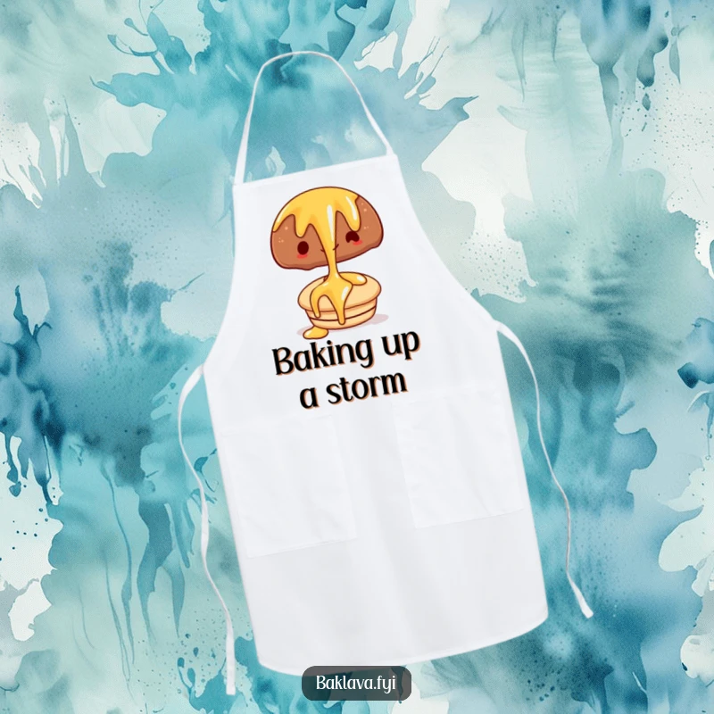Funny apron featuring a happy syrup drizzle over a pastry, ideal for humorous kitchen activities and baking.