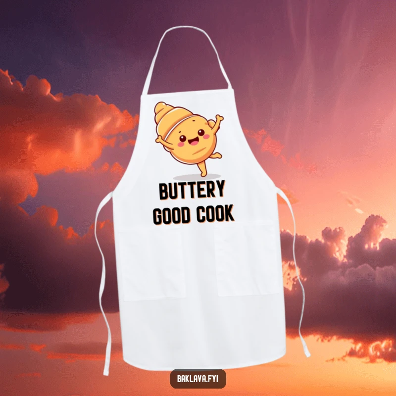 Funny croissant apron showing a happy croissant doing a cartwheel, perfect for kitchen fun.