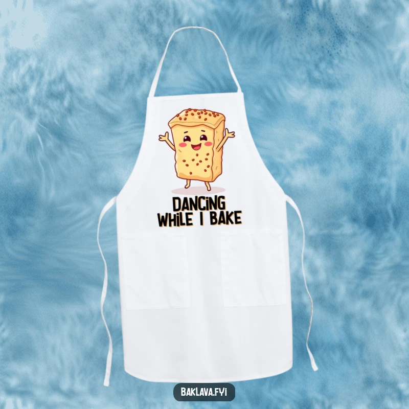 Funny baklava piece dancing happily on an apron, ready for kitchen fun with sweet, dessert-themed humor.
