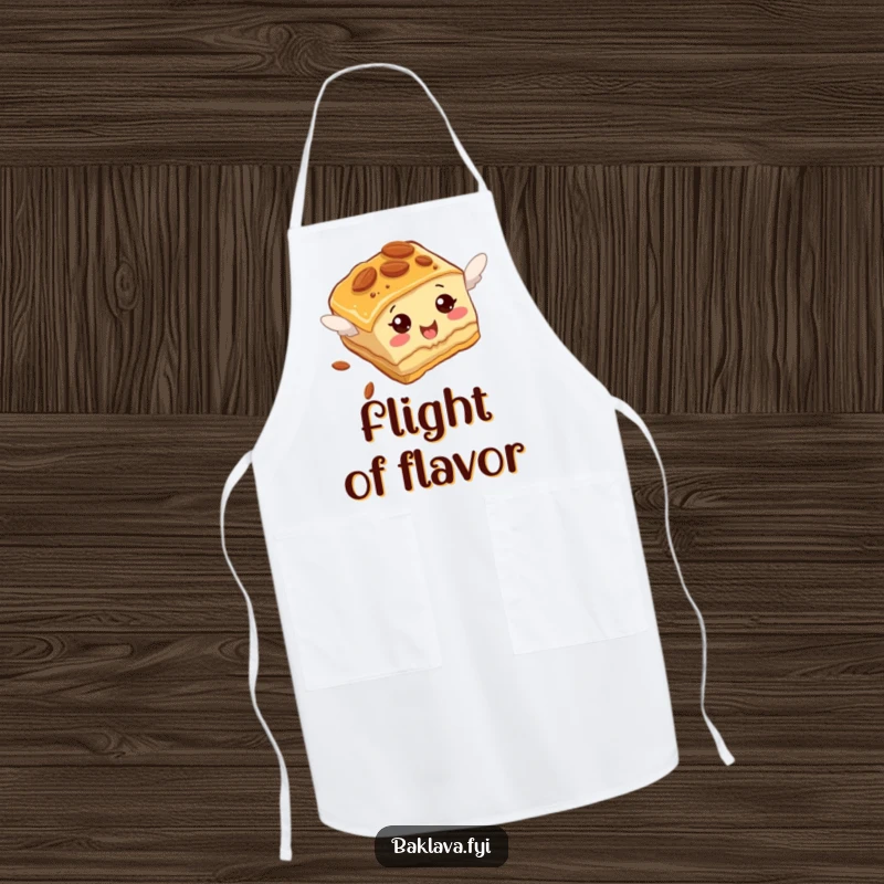 Funny Baklava Apron with an almond-studded slice of Baklava comically attempting to fly, perfect for kitchen humor.