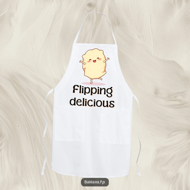 Funny phyllo dough apron showcasing a cheerful sheet performing a cartwheel, perfect for bakers who love humor and a playful approach.