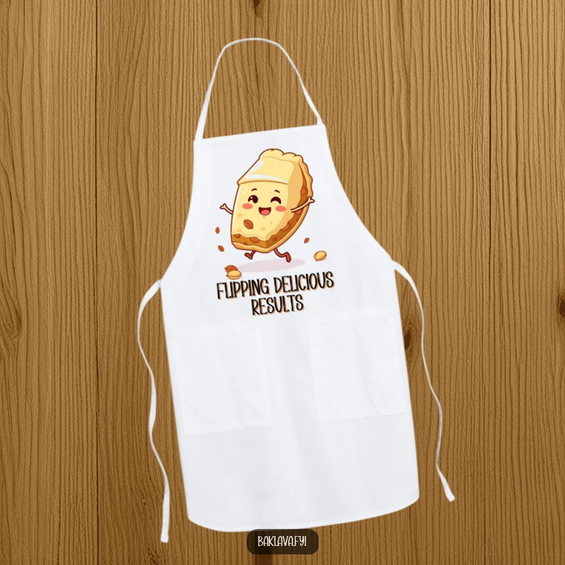 Funny baklava slice apron doing a cartwheel with nuts, a humorous and functional kitchen accessory for bakers.