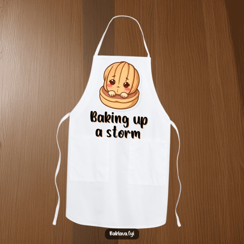 Funny curious walnut character peeking from a pastry on a chef's apron, adding a humorous touch to cooking and baking.