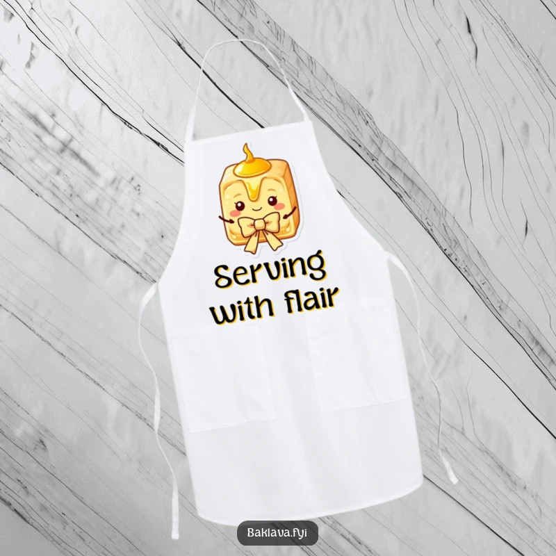 Funny Baklava Apron with a charming slice of Baklava dripping with syrup, presenting a bow, perfect for kitchen elegance.