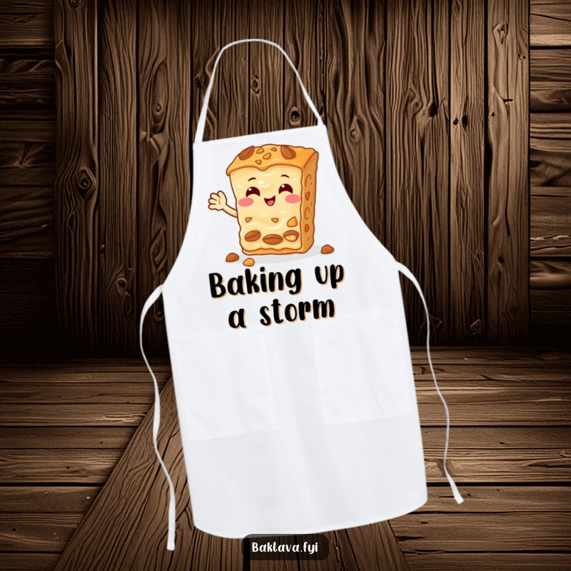 Funny Baklava Apron with a cheerful slice of Baklava with nuts waving hello, perfect for a sweet kitchen.
