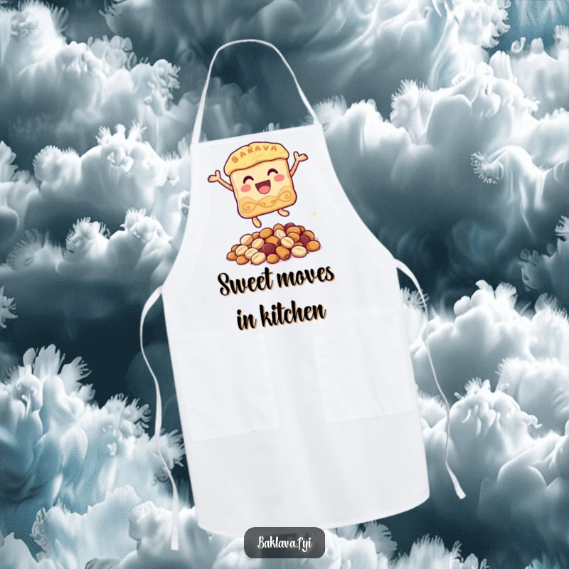 Funny baklava apron showing a delighted baklava character in a leaping pose over a small pile of nuts, perfect for a humorous cooking experience.