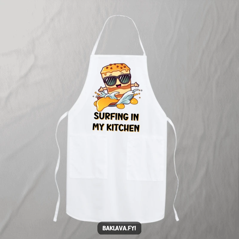 Funny apron: a baklava slice in sunglasses surfs a syrup wave while cooking.