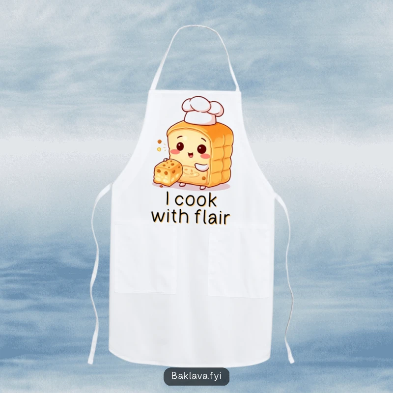 Funny baklava character chef wearing a tiny hat, offering a bite, a humorous and functional apron.