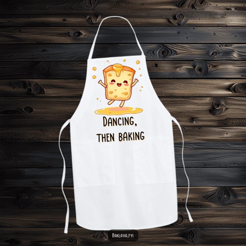 Funny apron decorated with a baklava slice performing a spirited dance, syrup swirling, ideal for a fun and delicious cooking experience.