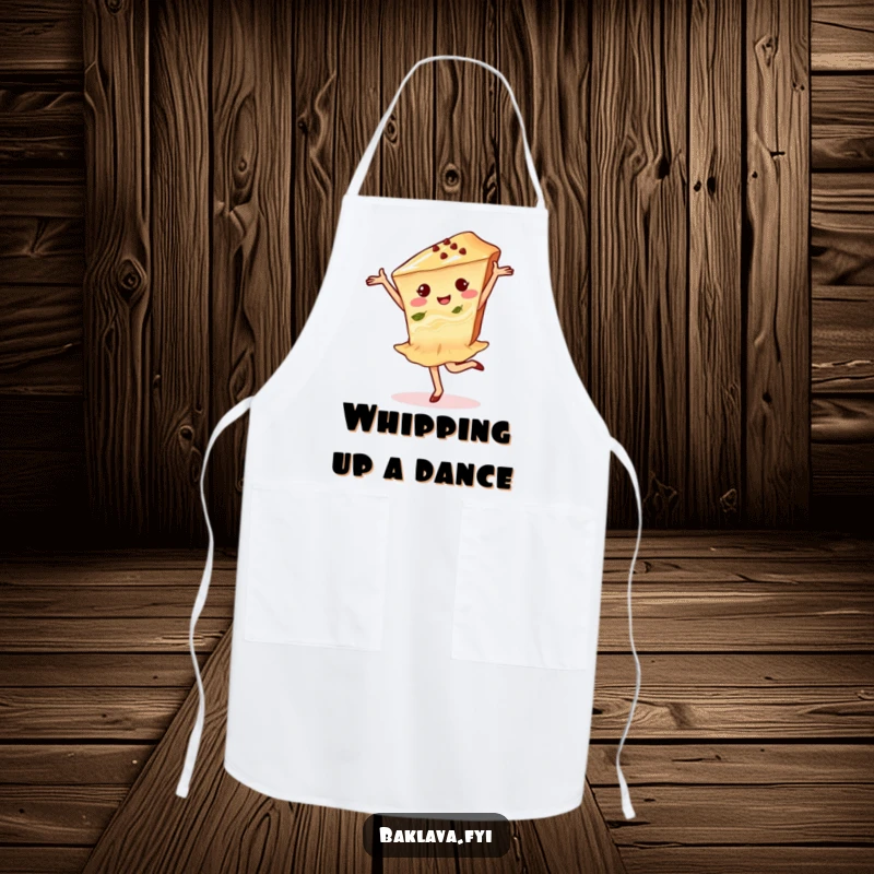 Funny baklava dancer apron showing a delighted baklava slice doing a pirouette, protecting clothes with style.