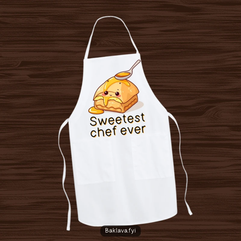 Funny apron showing a curious baklava character tasting honey with a spoon. Humorous and practical kitchen wear.