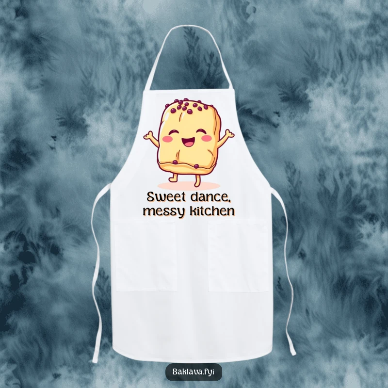 Funny baklava pastry apron with a smiling dessert happily dancing while cooking, adding humor to kitchen duties.