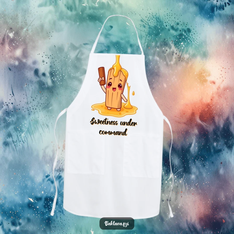 Funny apron with a cinnamon stick character comically saluting a giant honey drizzle, ideal for kitchen fun and sweet-themed cooking.
