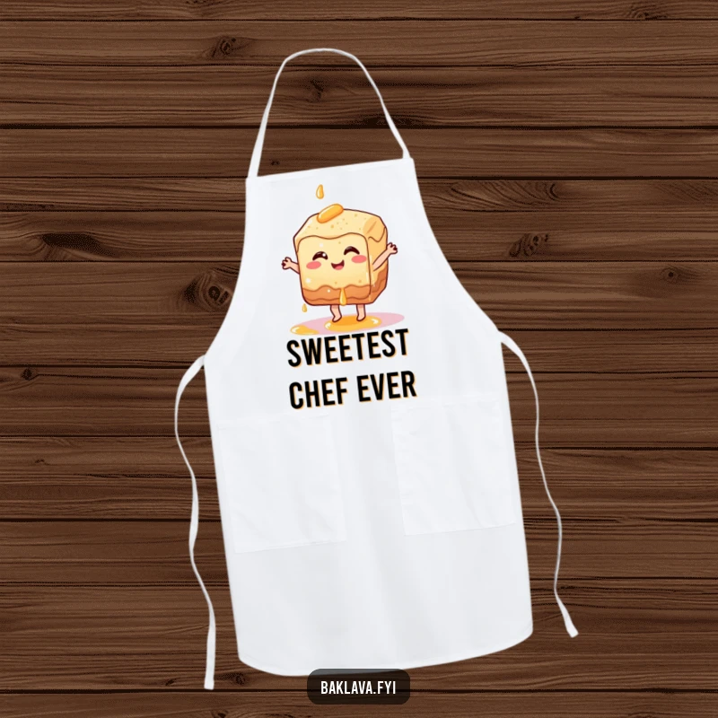 Funny dancing baklava pastry character with syrup dripping, a fun and practical funny apron.