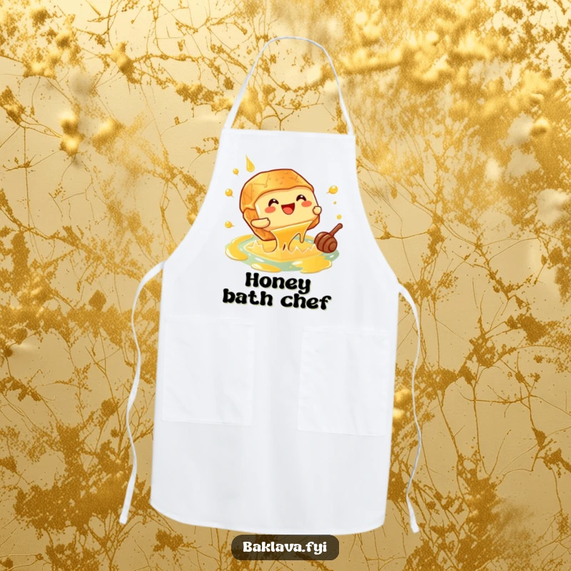Funny giggling baklava piece doing a cannonball into a honey pool, a practical apron for kitchen fun.