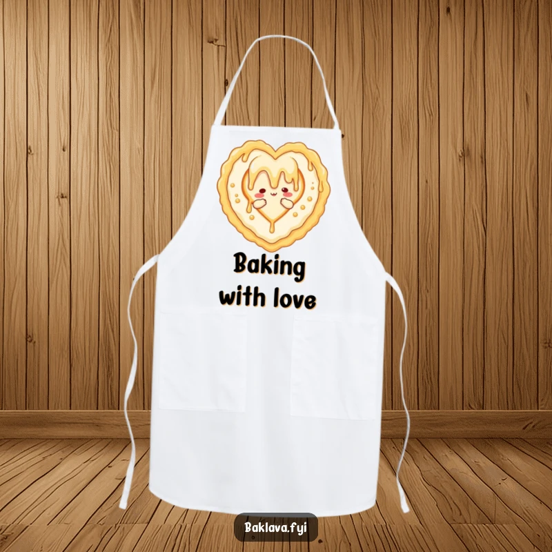 Funny apron showing a honey drizzle character forming a heart around baklava, ideal for kitchen fun and sweet, loving cooking adventures.