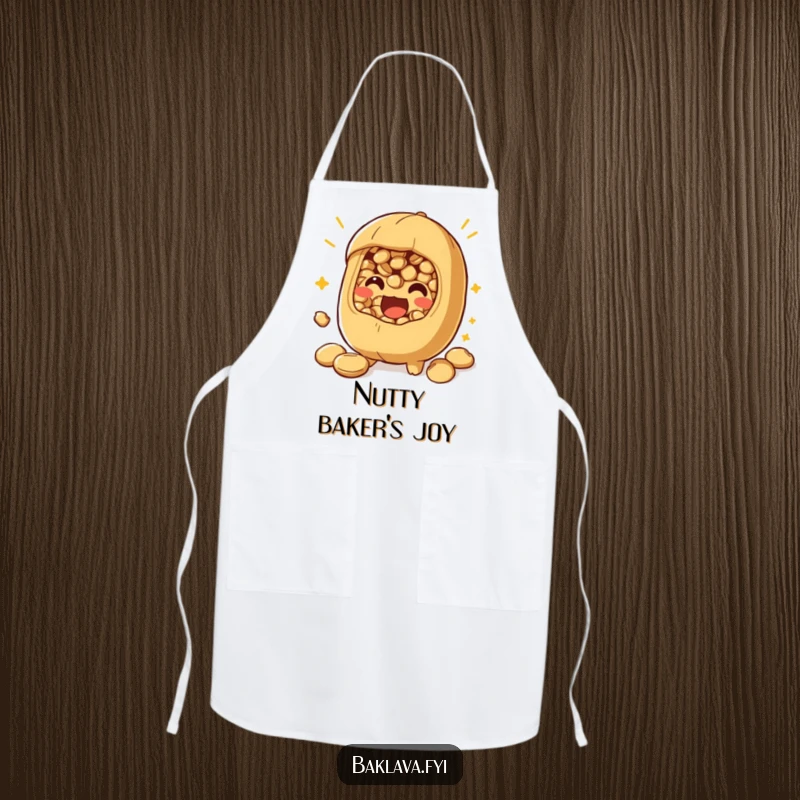 Funny nut filling apron with a playful character bursting with excitement, bringing humor to kitchen duties.