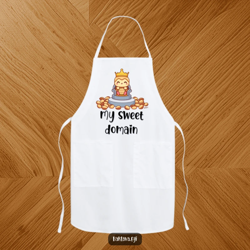 Funny shy baklava apron featuring a crown and a pistachio throne aspiration, adding regal humor to cooking.