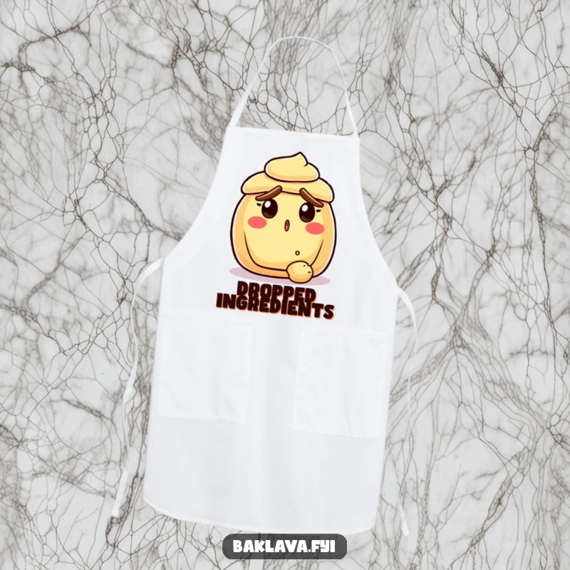 Funny surprised pastry with raised crust eyebrows, reacting to a falling crumb, on a kitchen apron, bringing comical baked good humor to cooking.