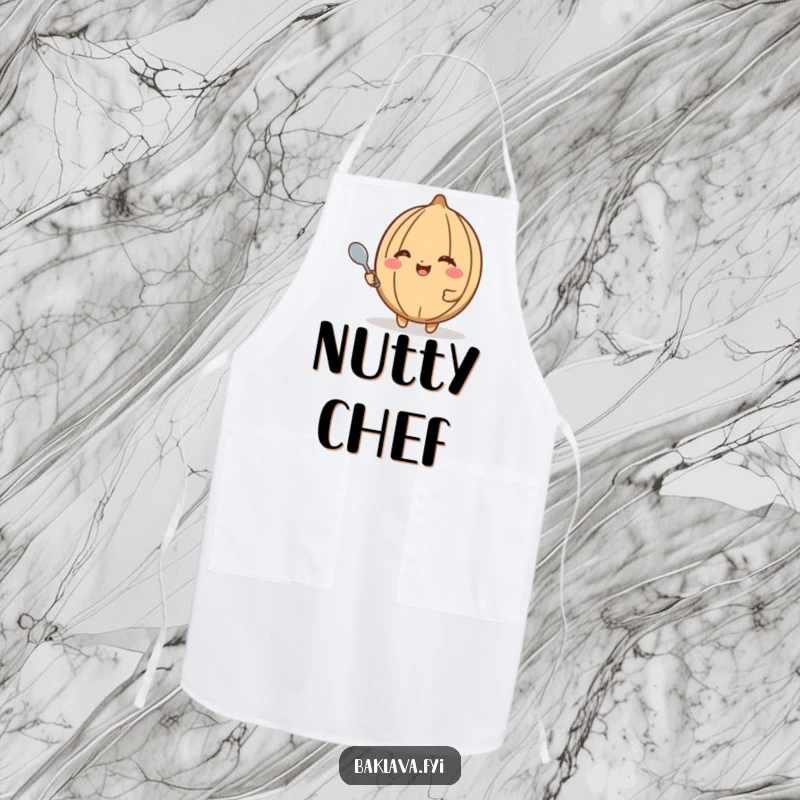 Funny walnut apron showcasing a happy walnut winking and holding a tiny spoon, perfect for chefs and snack lovers who enjoy humor.
