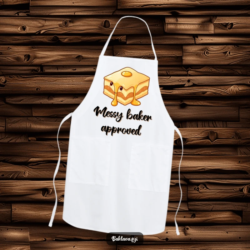 Funny wiggling baklava slice with syrup dripping on an apron, ready for kitchen fun with saucy, dessert humor.