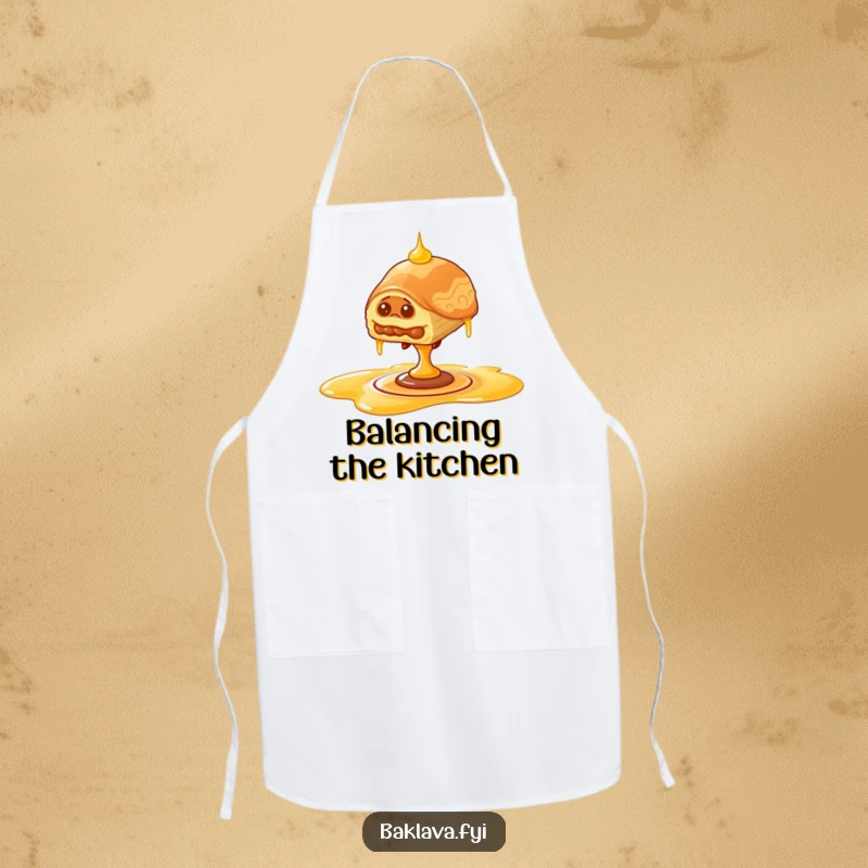 Funny wobbly baklava apron, kitchen wear with baklava balancing on spinning honey, showing humorous kitchen adventures.