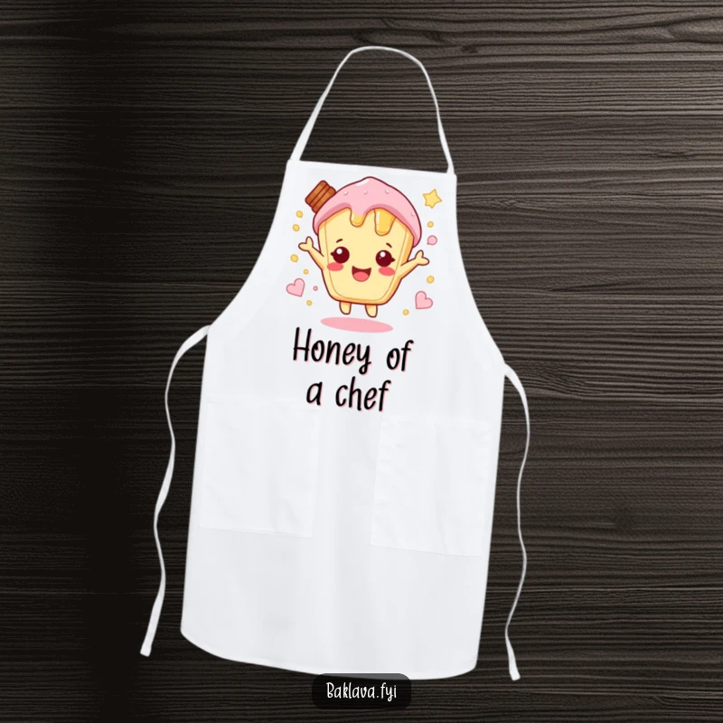 Funny hopping honey pastry character with excitement, a fun and sweet funny apron.