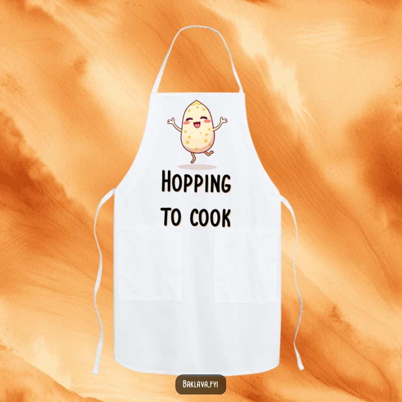 Funny apron featuring a joyful sesame seed performing an energetic hop, perfect for adding humor to kitchen tasks. Wearable culinary art.