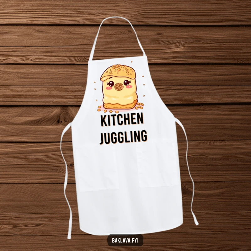 Funny Apron: A baklava with a sprinkle nose juggles sesame seeds, a humorous and practical kitchen accessory.