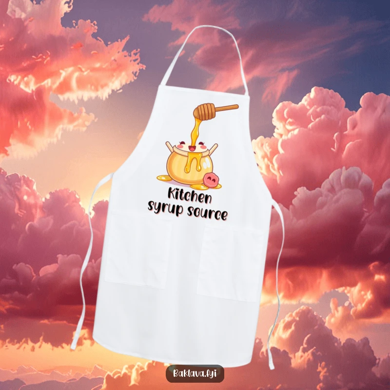 Funny honey pot apron with a joyful character pouring sweet syrup, bringing humor to kitchen duties.