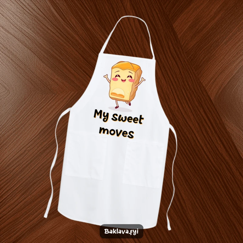 Funny baklava apron showcasing a smiling piece of pastry doing a joyful little jig, perfect for chefs and home bakers who love humor.