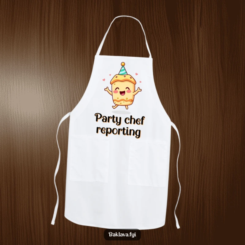 Funny apron: a baklava character in a party hat bounces with joy while prepping food.
