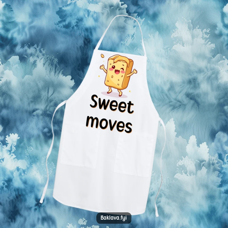 Funny syrupy baklava doing a happy dance, a whimsical and funny apron.