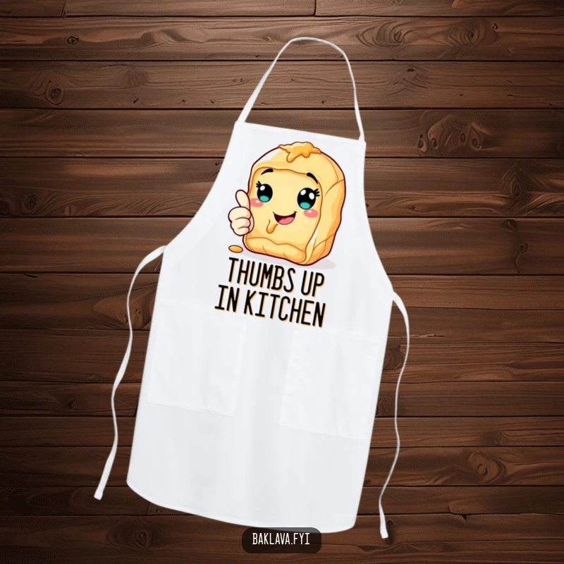 Funny cheerful baklava apron giving a thumbs up with a syrupy smile, protecting clothes with positivity.