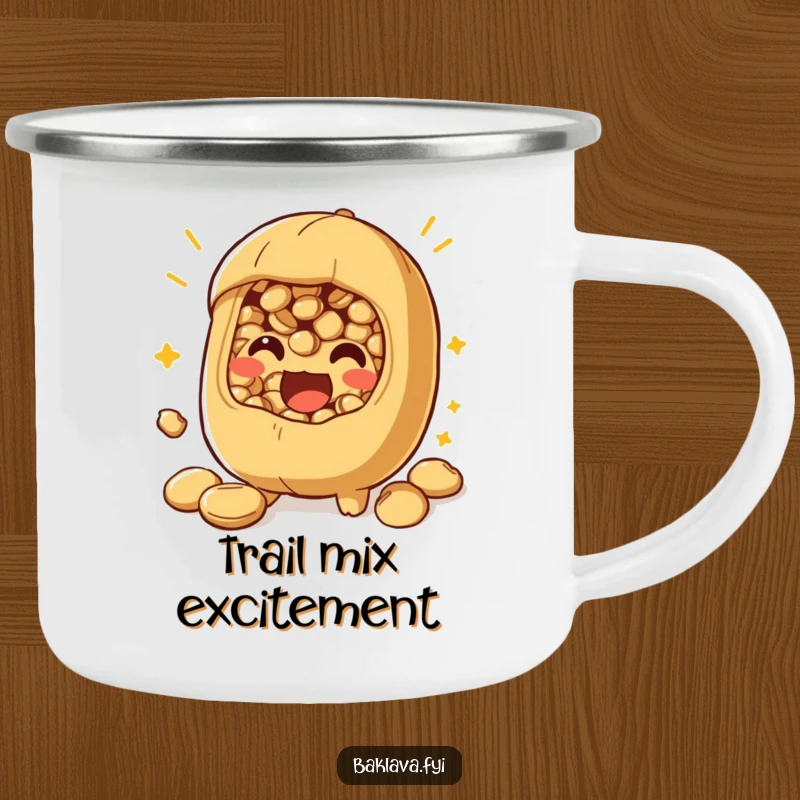 Funny nut filling camping mug with a playful character bursting with excitement, designed for outdoor flavor adventures.