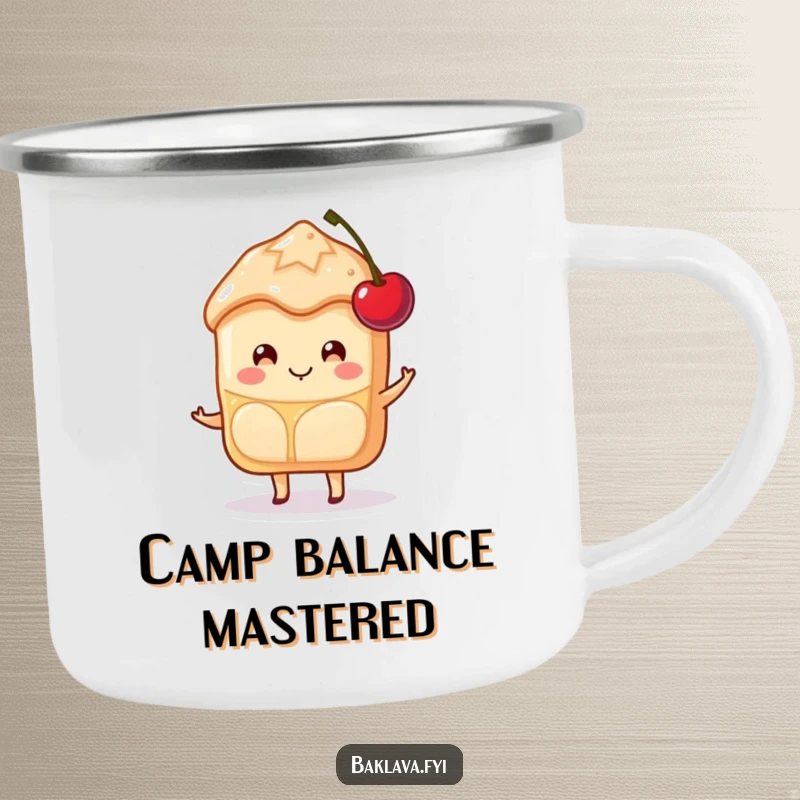 Funny Baklava Camping Mug with a happy slice character smiling while balancing a cherry, perfect for sweet outdoor sips.