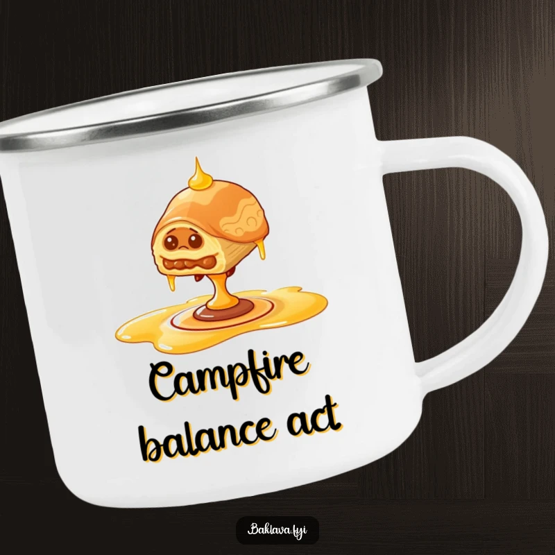Funny wobbly baklava enamel camp mug, durable outdoor ware with baklava balancing on honey, sweet adventure theme.