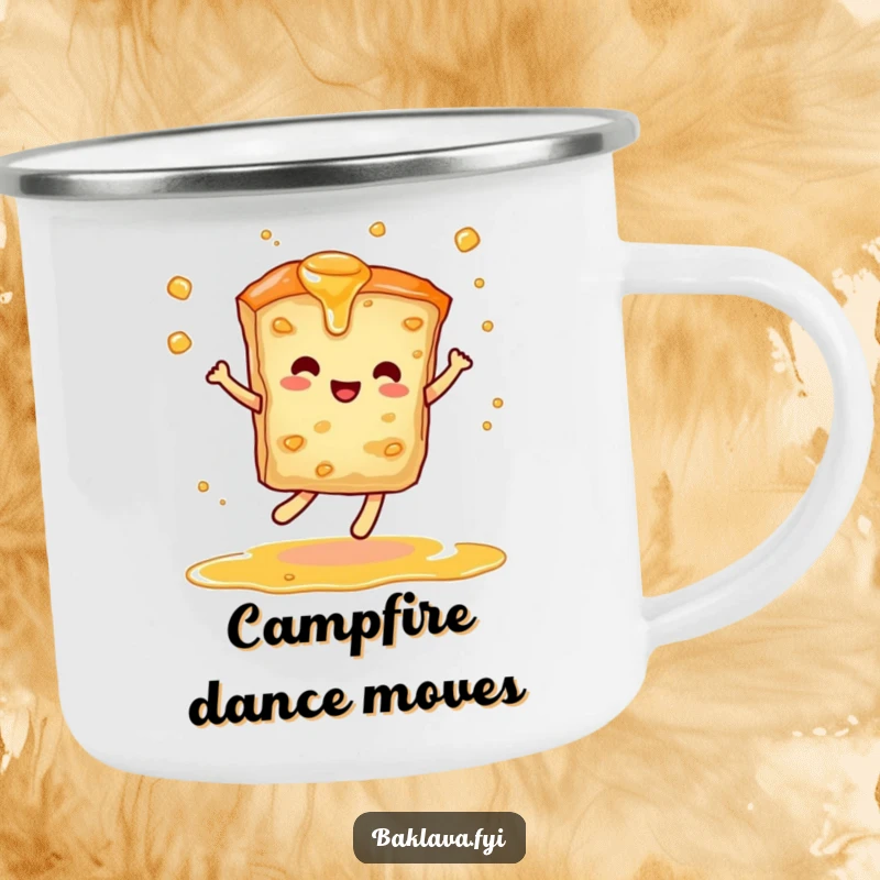 Funny camping mug with a baklava slice dancing, syrup twirling, perfect for enjoying coffee or tea outdoors with a delightful swirl.