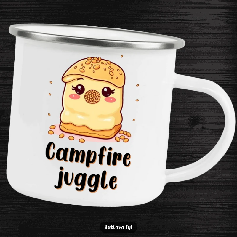 Funny Camping Mug: A baklava with a sprinkle nose juggles sesame seeds, humorous for outdoor sipping.