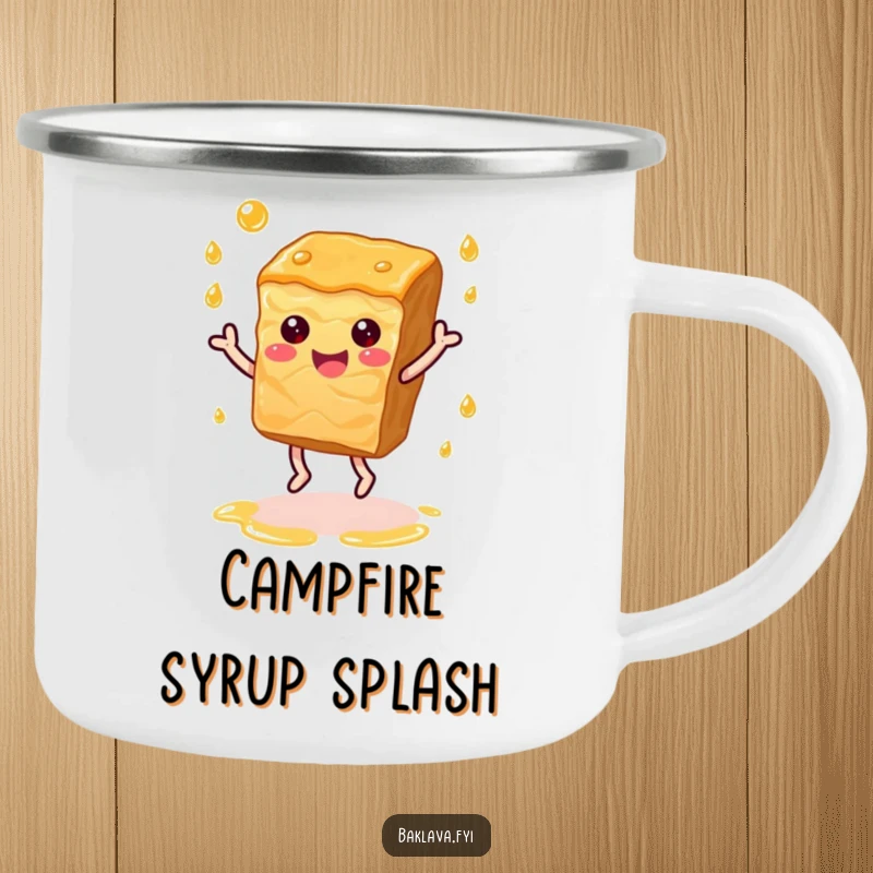 Funny baklava slice dancing with syrup droplets, a humorous and durable camping mug.
