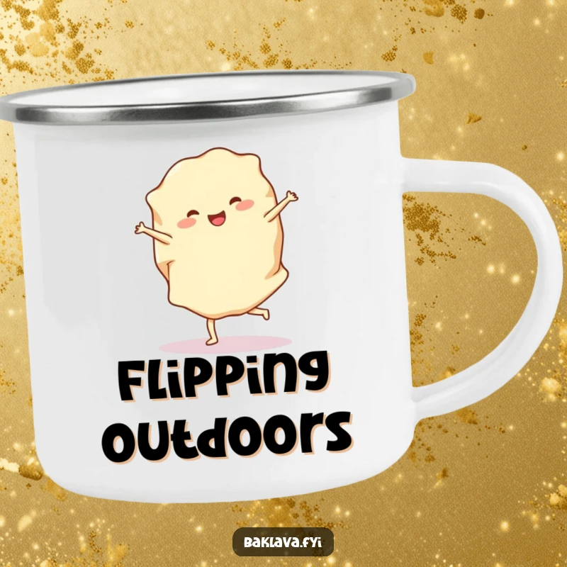 Funny phyllo dough camping mug with a cheerful sheet doing a cartwheel, ideal for outdoor enthusiasts who love baking and humor.