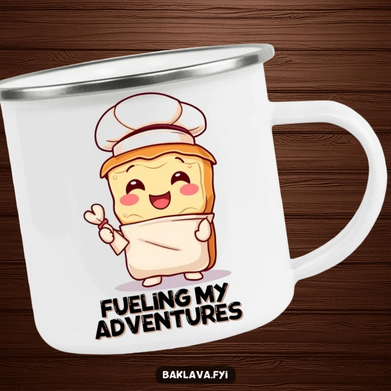 Funny baklava chef camping mug featuring a joyful pastry with a chef hat and pastry bag, perfect for outdoor baking enthusiasts.