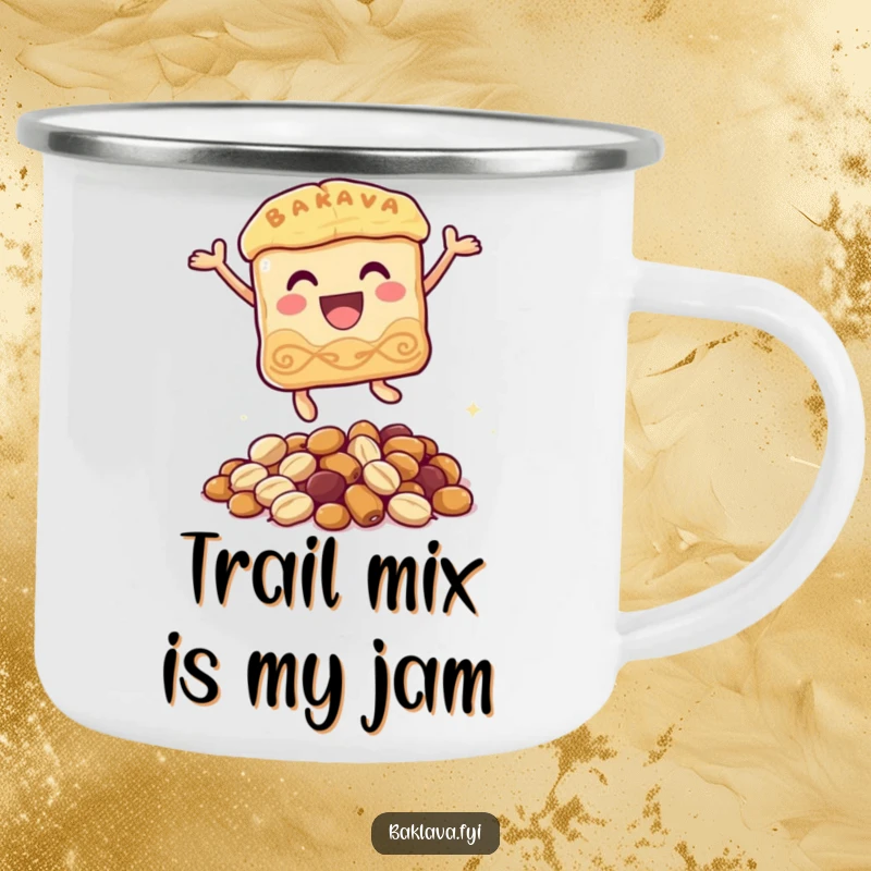 Funny baklava camping mug with a cheerful baklava character joyfully leaping over a small pile of nuts, perfect for outdoor coffee and laughter.