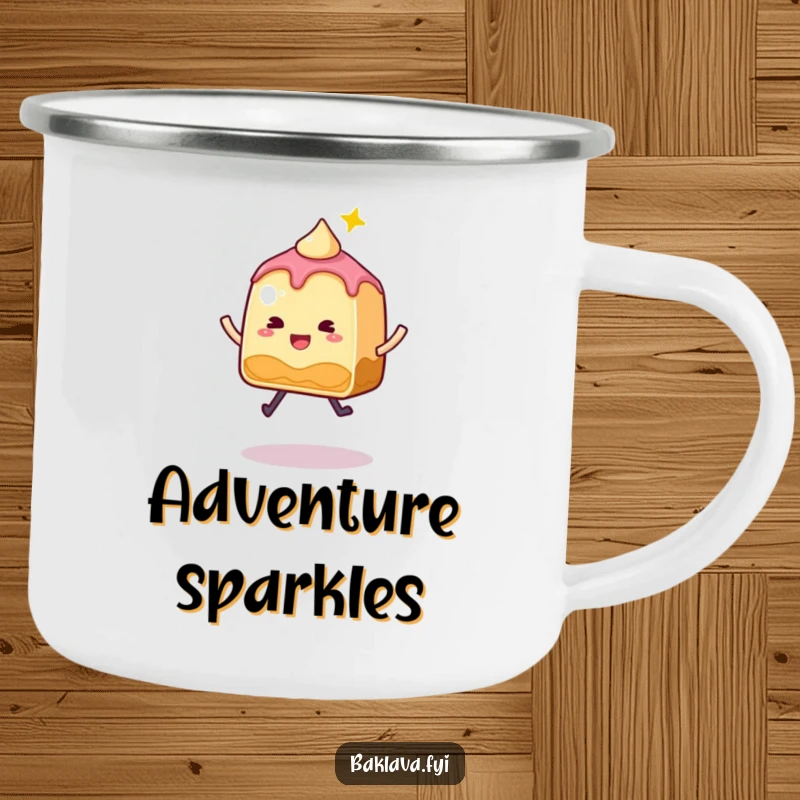 Funny Baklava Camping Mug with a whimsical, sparkly slice doing a joyful jump, perfect for sweet outdoor sips.