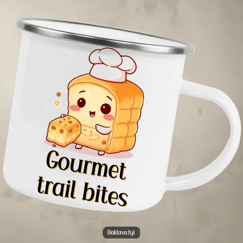 Funny baklava character chef in a tiny hat offering a bite, a humorous and durable camping mug.