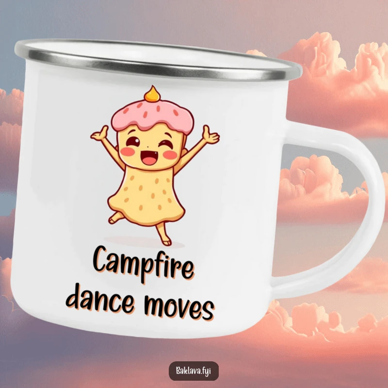 Funny camping mug with a piece of baklava in a triumphant dance pose, perfect for outdoor enjoyment and sweet, celebratory sips.