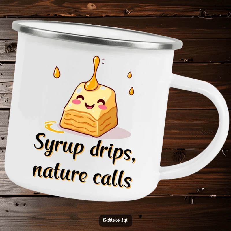 Funny baklava camping mug featuring a slice juggling syrup, perfect for outdoor adventures, holding hot drinks with a humorous and sweet touch.