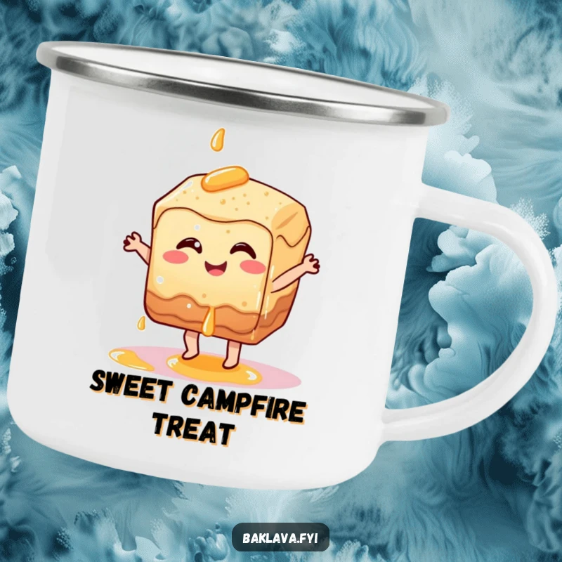 Funny baklava pastry character dancing with syrup dripping, a sweet and durable funny camping mug.